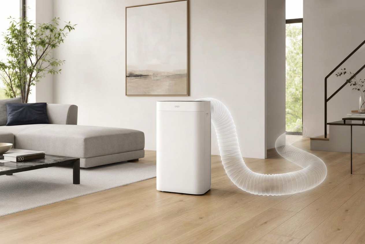 EasyClim 9000 dans un salon — le tuyau extérieur s'efface, symbole d'un climatiseur sans conduit